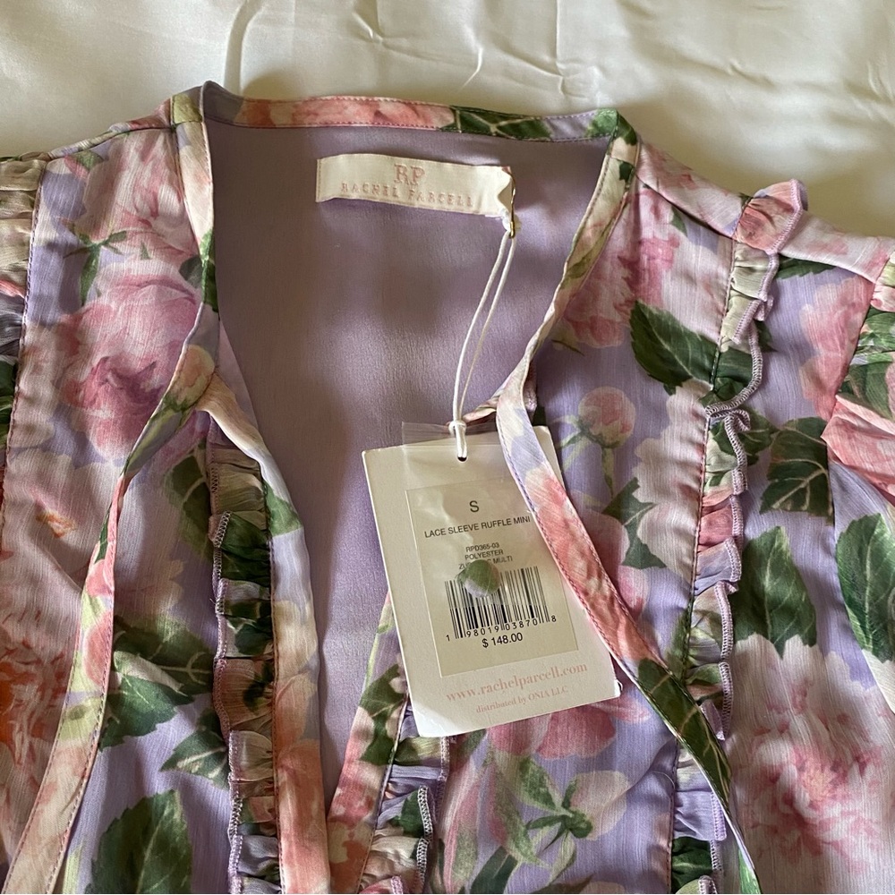 NWT Rachel Parcell Lilac Floral Lace Sleeve Ruffle Mini Dress - Picture 4 of 7